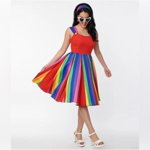 NWT Unique Vintage Red & Rainbow Stripe Swing Dress